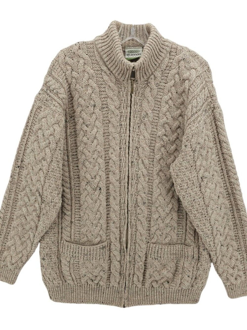 SHANNON WOOLEN MILLS Men's 100% Wool Cable Knit Cardigan Beige Speckled MEDIUM